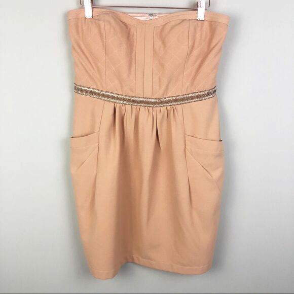 MM COUTURE | Beaded Strapless Tan Mini Dress Large - Picture 1 of 9